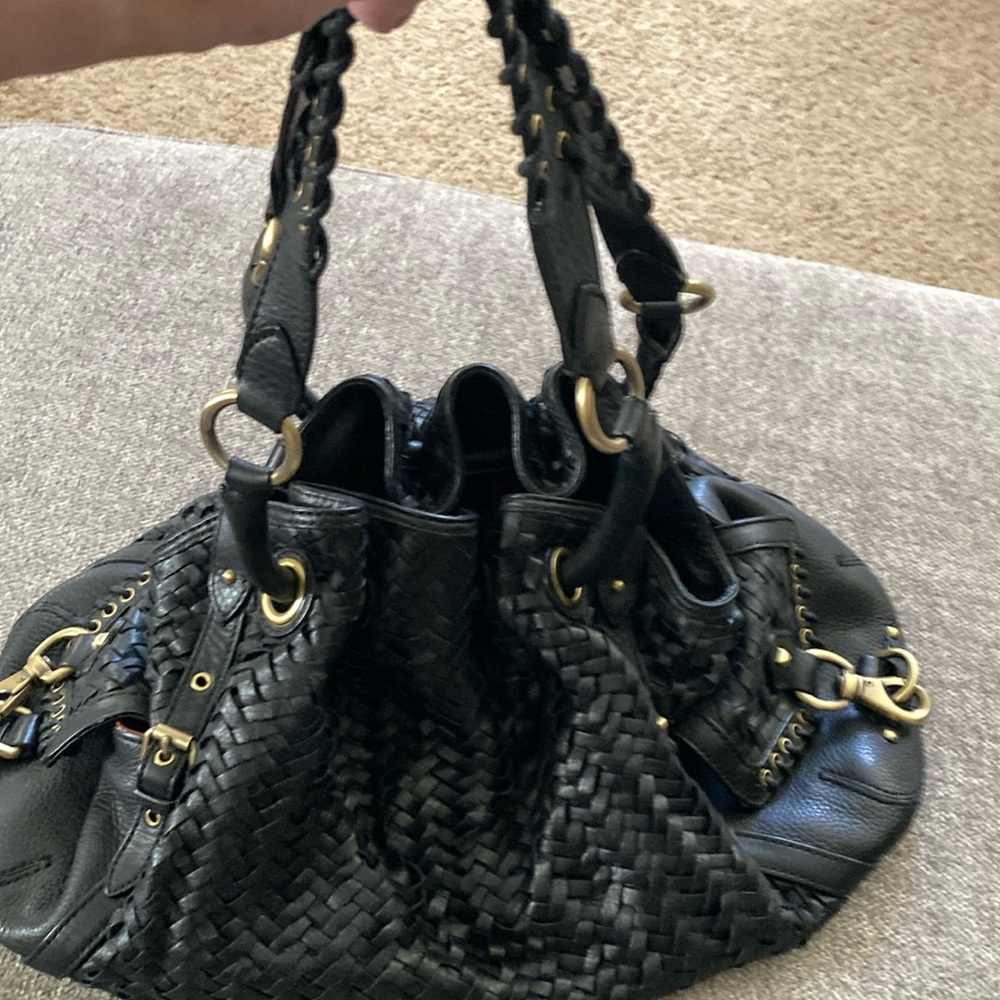 Cole Haan Village Weave satchel with brushed gold accents. Dust bag included